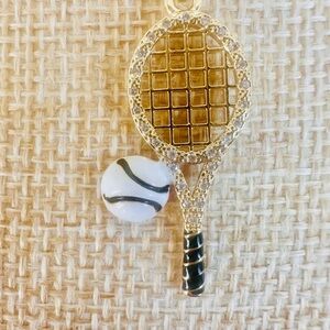 Gold Tennis Racket & White Ball Pendant Necklace Charm